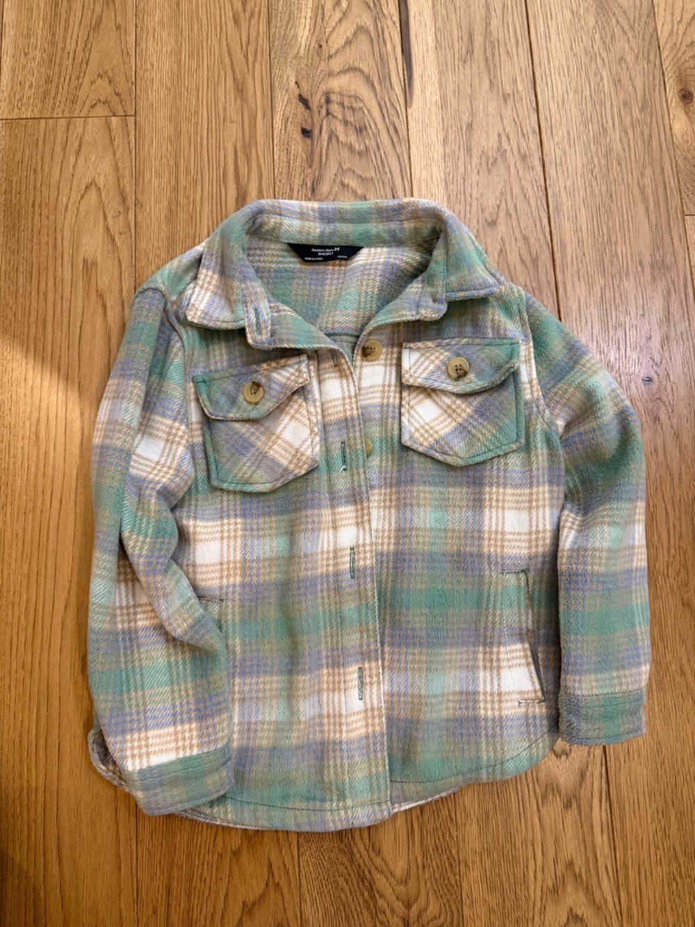 Plaid Button-Up Kids Jacket in Pastel Green and Beige